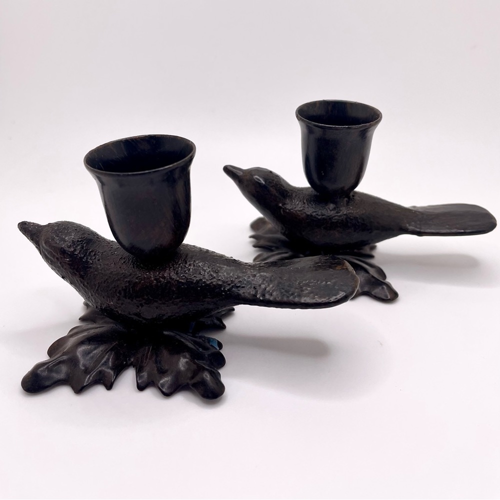 Metal Bronze Finish Bird Candleholders - Set of 2 - Taper Cottage Country